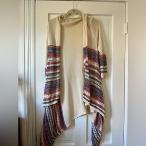 Sun & Shadow Boho Open Neck Knit Blue, Red, Cream Duster Sweater (Size S)
